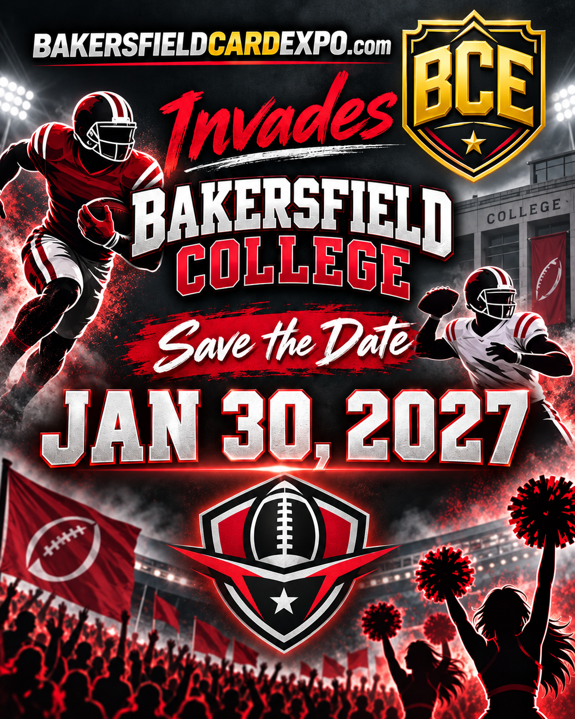 Save the date flyer for Bakersfield Card Expo at Bakersfield College on January 30, 2027